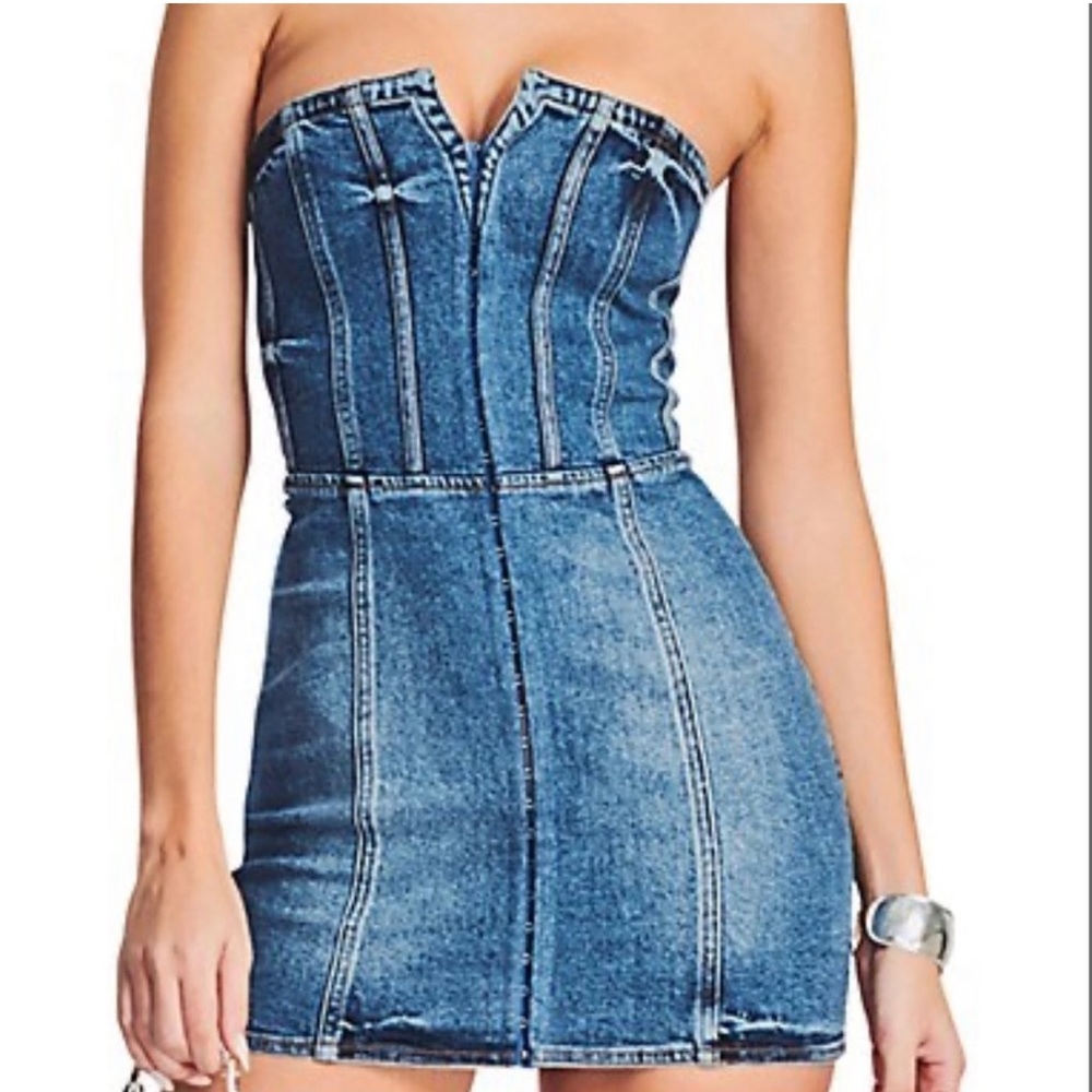 Retrofete Andreia Denim Mini Strapless Country Cowboy Blue Bailey Dress XS